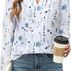 Women's Dressy Casual Blouses Business Work Tops Long Sleeve V Neck Pleated Shir